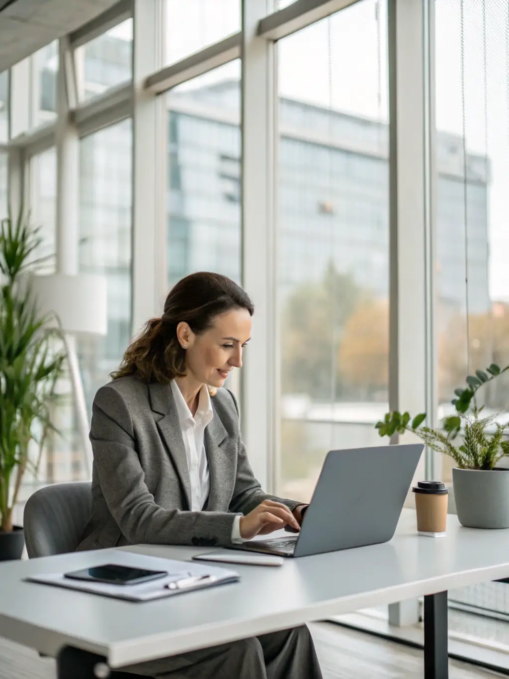 A professional woman in a modern office setting using a voice-activated AI assistant on her computer to schedule meetings and manage her calendar, showcasing the convenience of AI for time management.