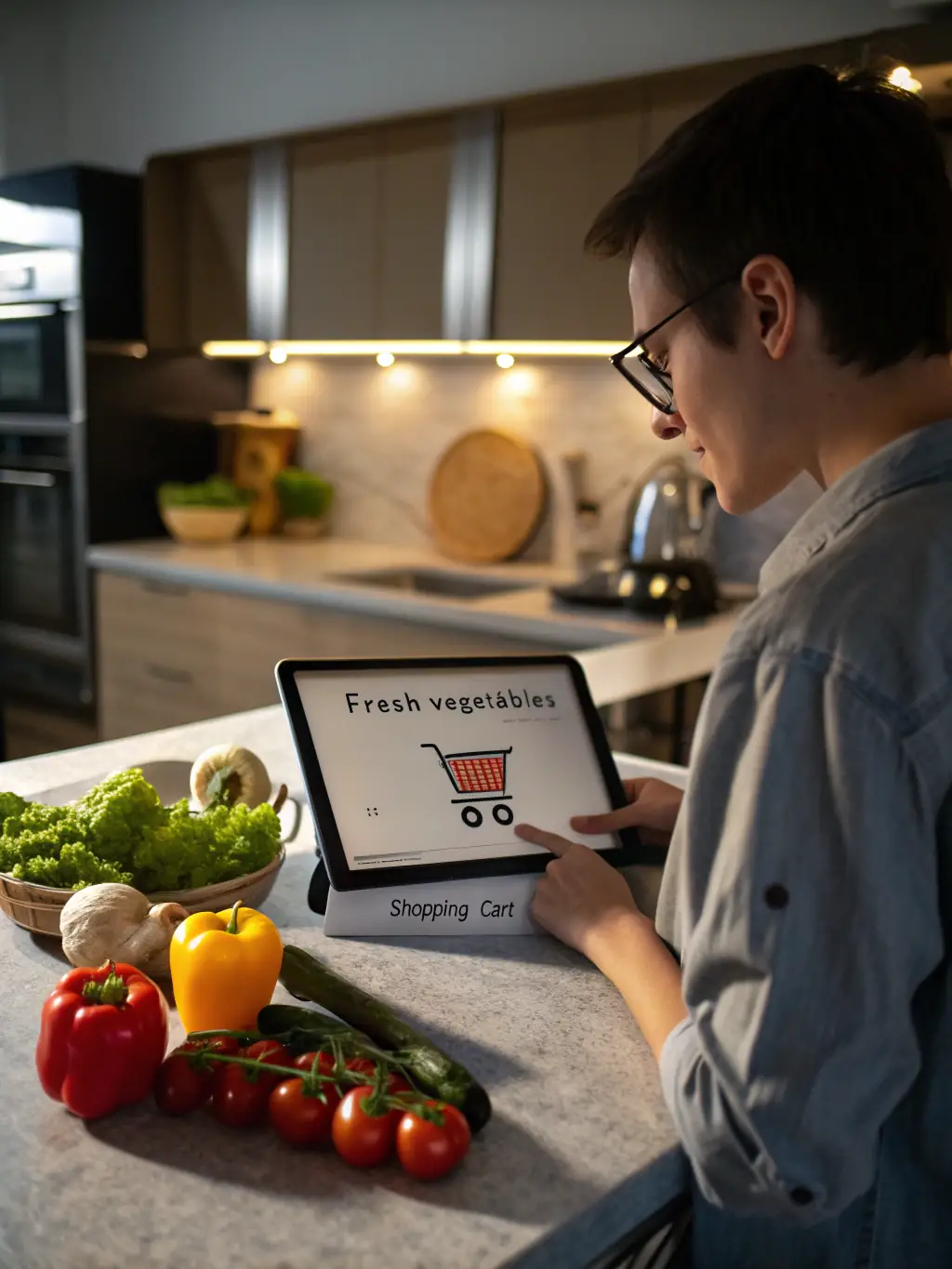 A user interacting with an AI assistant on a tablet, using it to create a shopping list and place an order for groceries, illustrating the convenience of AI for everyday tasks.